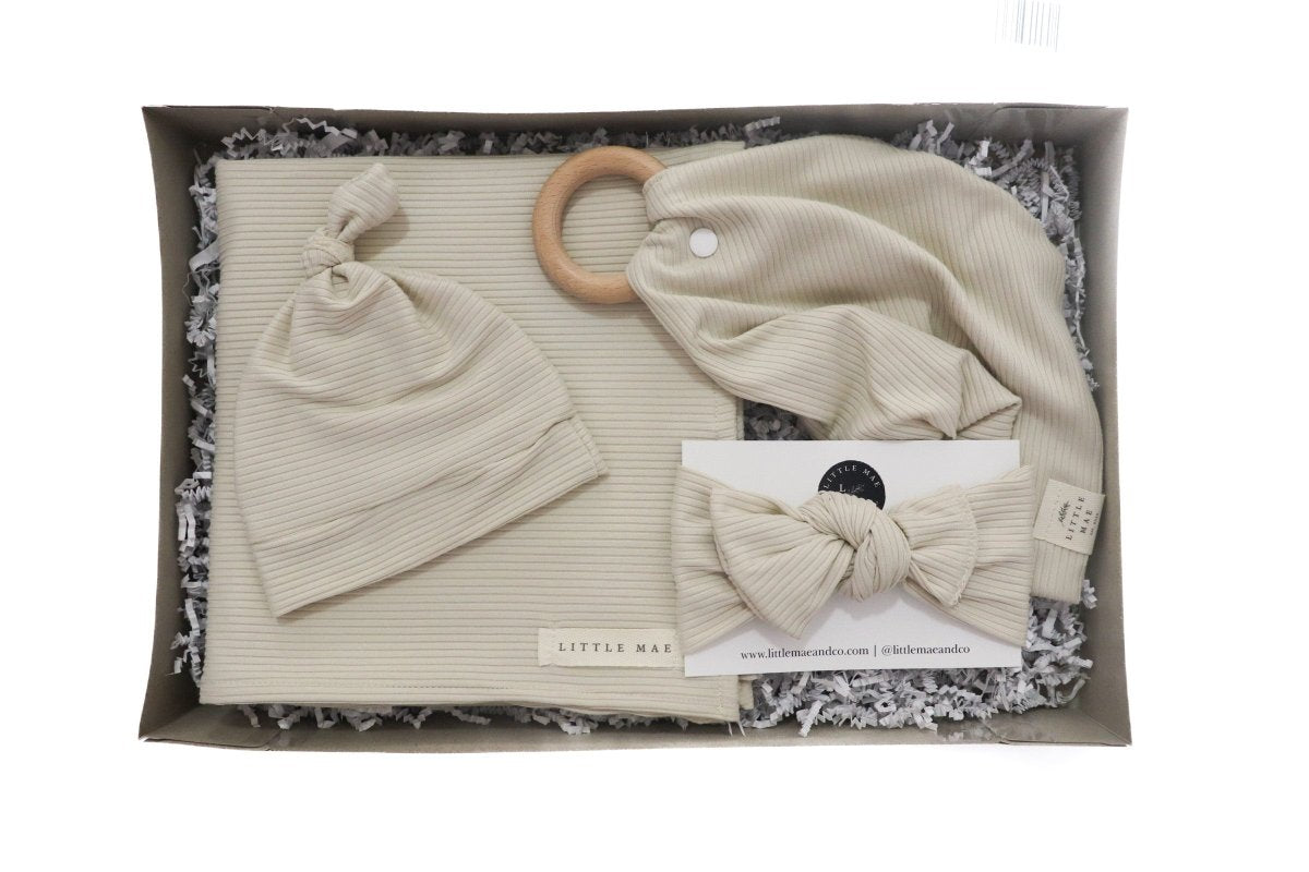 Little Mae & Co Oat Ribbed Gift Box Swaddle And Knotted Hat For Newborn - Everetts Place Boutique - 