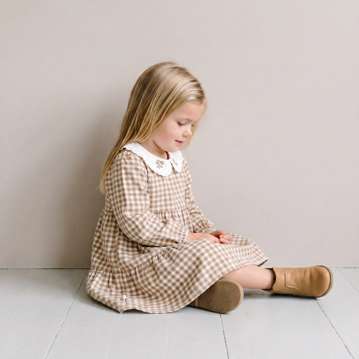 Organic Collar Tiered Dress - Oat Gingham by Makemake Organics