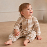 Organic Long Sleeve Button Romper - Oat Gingham by Makemake Organics