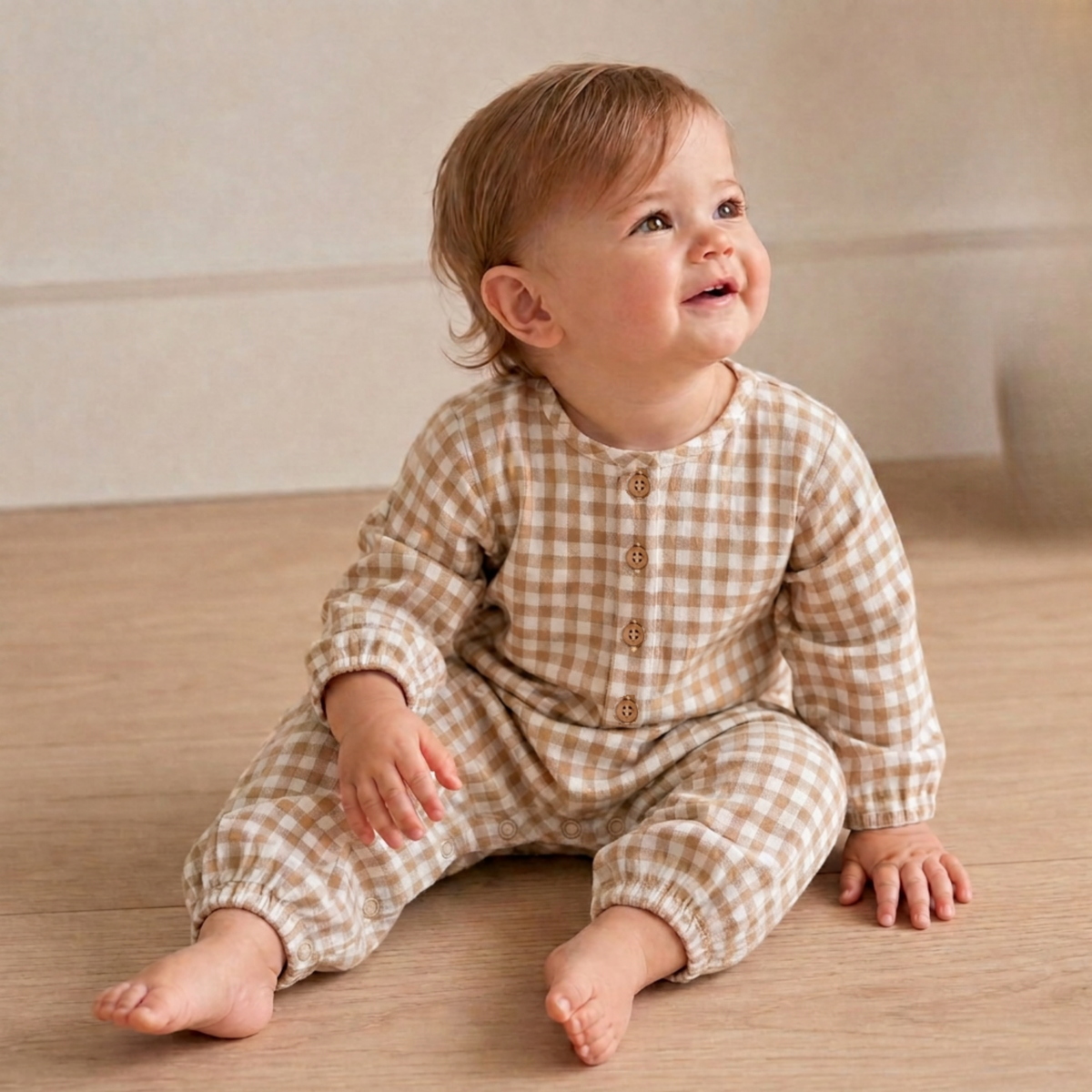 Organic Long Sleeve Button Romper - Oat Gingham by Makemake Organics