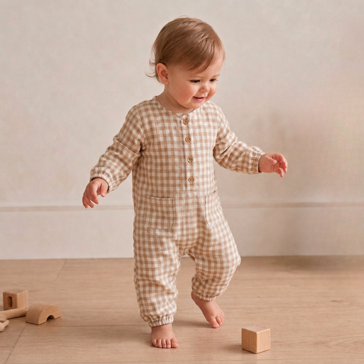 Organic Long Sleeve Button Romper - Oat Gingham by Makemake Organics