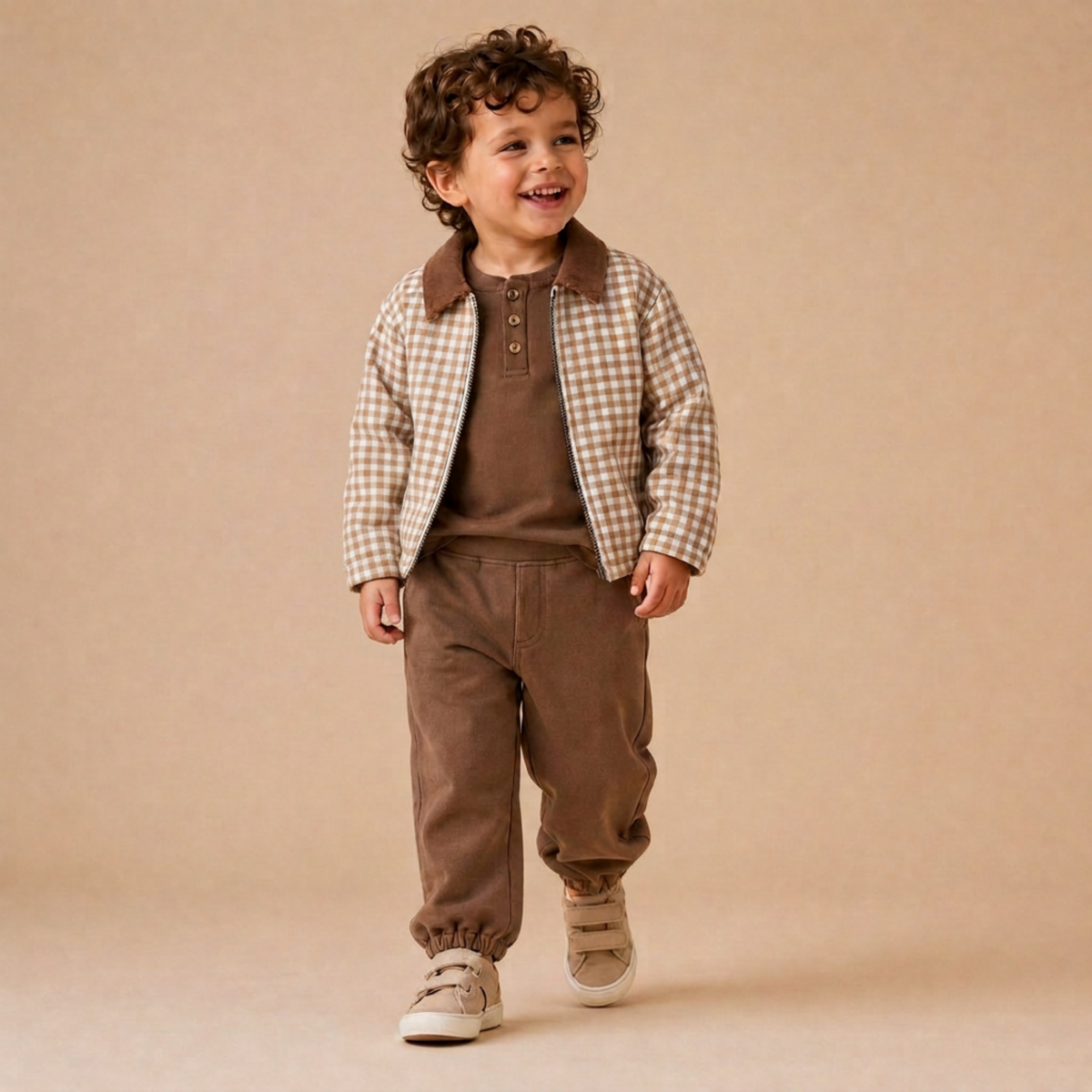Organic Corduroy Collar Twill Jacket - Oat Gingham by Makemake Organics