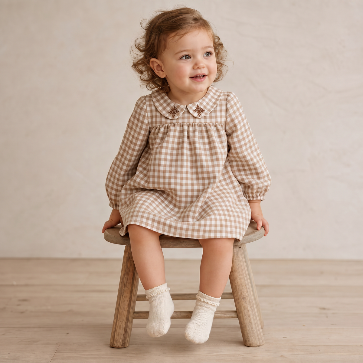 Organic Peter Pan Collar Dress - Oat Gingham by Makemake Organics