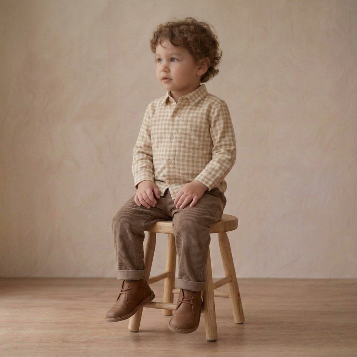 Organic Collared Long Sleeve Shirt - Oat Gingham by Makemake Organics