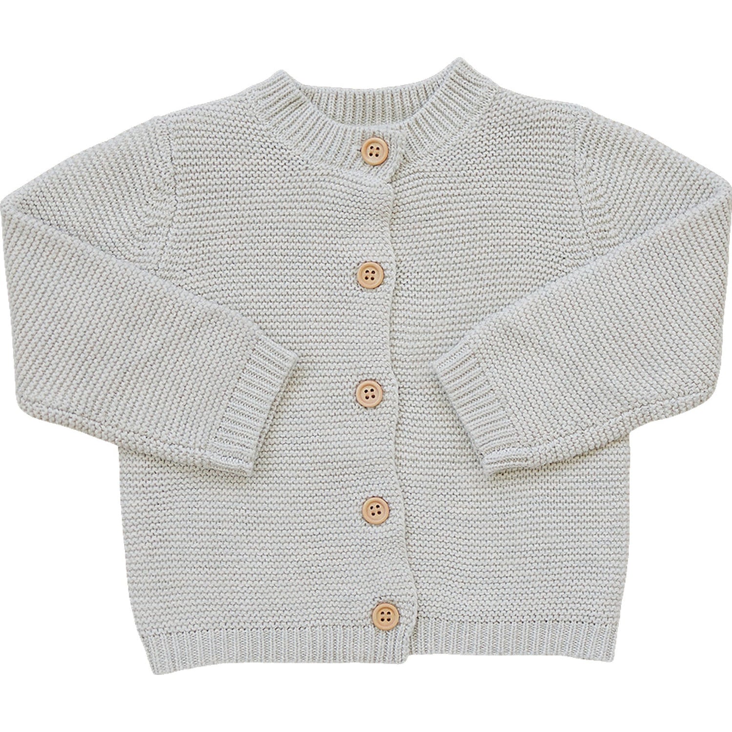 Oatmeal grey knit button-down baby cardigan with front buttons.