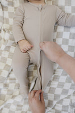 Mebie Baby Oatmeal Organic Cotton Ribbed Zipper Footed Baby Pajamas With Double Zipper - 