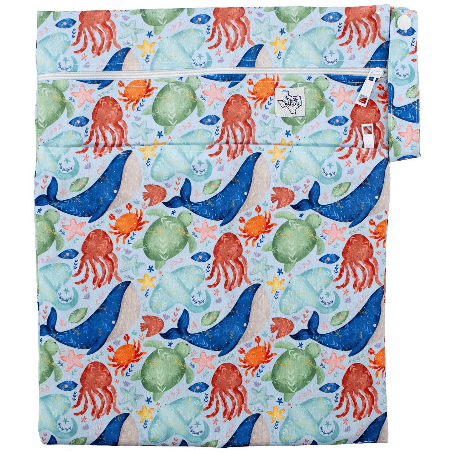 Ocean Cuties Wet Bag Double Zipper Water Resistant 12 by 16 Inches Durable KAM Snaps Fits 6 to 8 Cloth Diapers Texas Tushies
