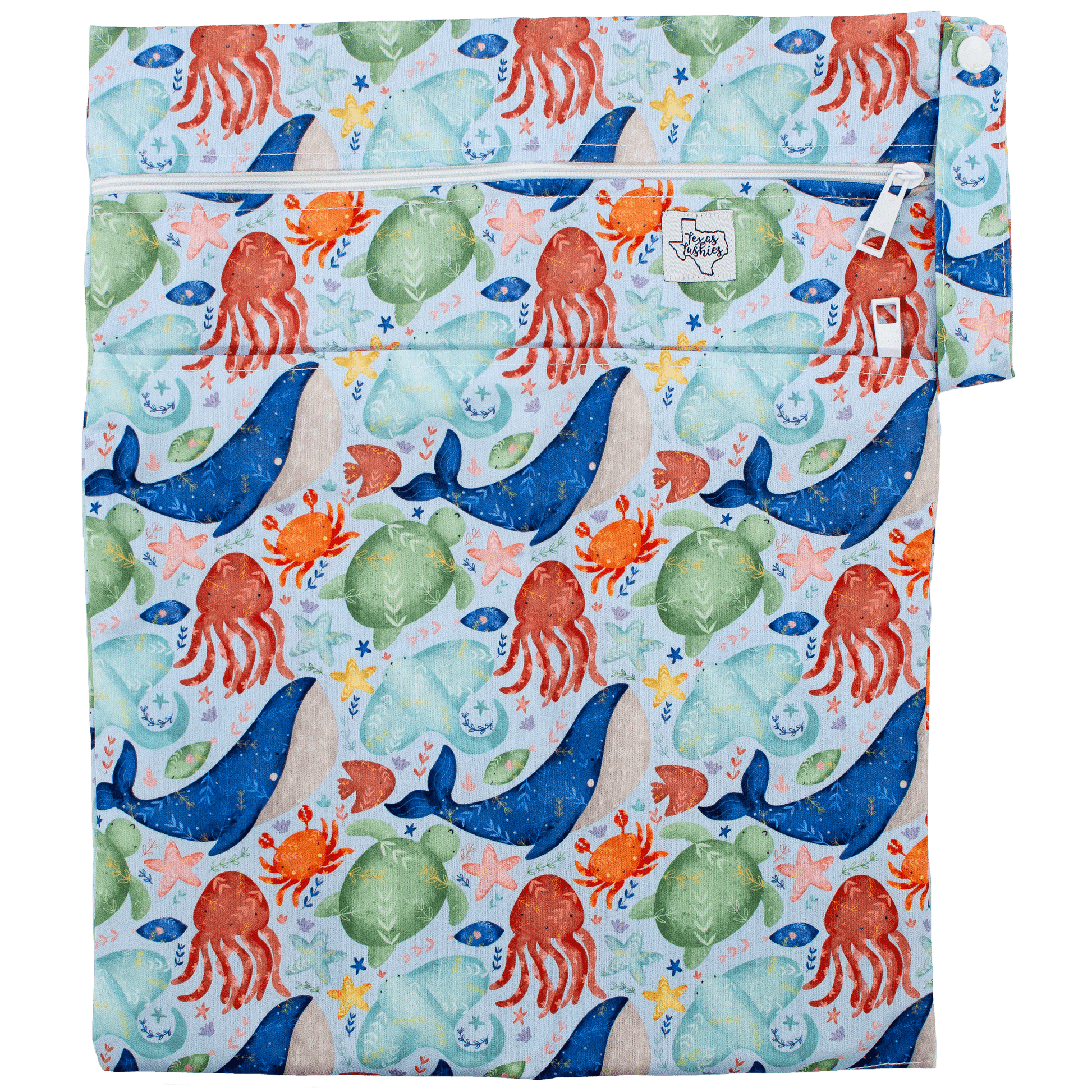 Ocean Cuties Wet Bag Double Zipper Water Resistant 12 by 16 Inches Durable KAM Snaps Fits 6 to 8 Cloth Diapers Texas Tushies