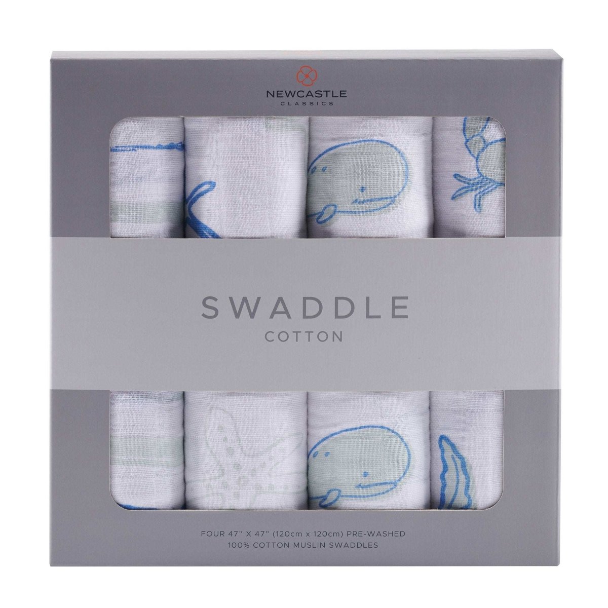 Newcastle Classics Ocean Friends Cotton Muslin Swaddle 4 Pack Soft Breathable for Babies - 