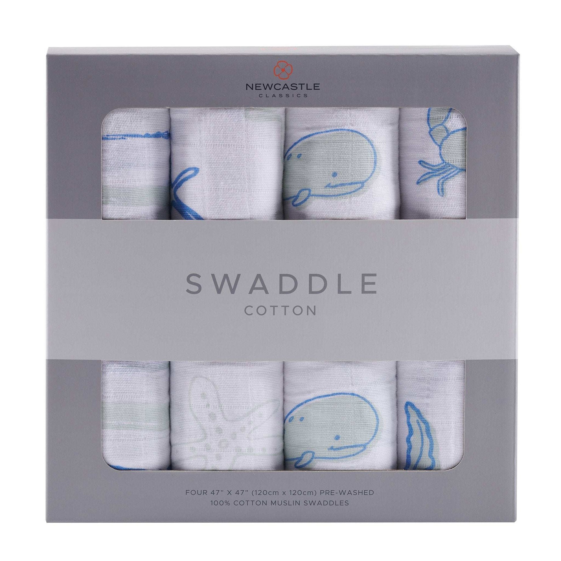 Ocean Friends Cotton Muslin Swaddle 4 Pack Breathable Soft Natural Fabric Newcastle Classics