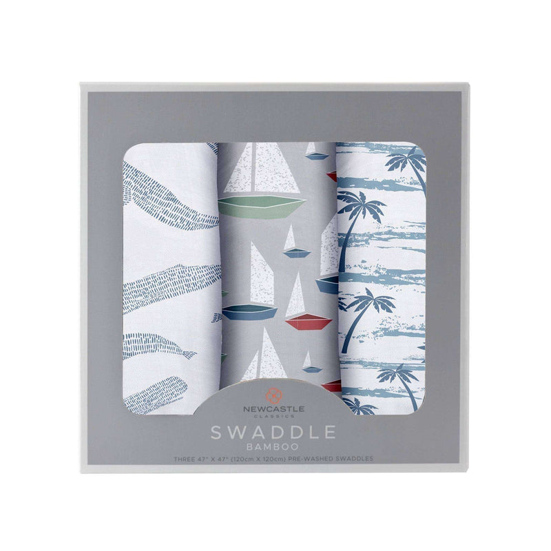 Ocean Tides Bamboo Swaddle 3 Pack in box with ocean-themed patterns.