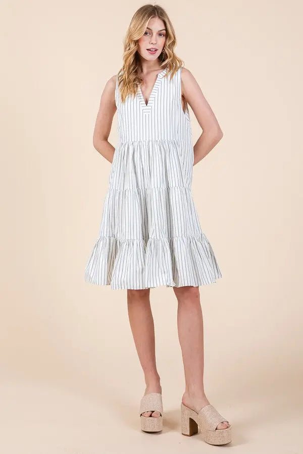 PinkBlush Off White Vertical Striped V Neck Sleeveless Midi Dress - 