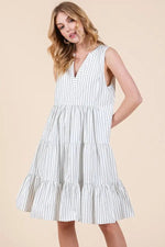 PinkBlush Off White Vertical Striped V Neck Sleeveless Midi Dress - 