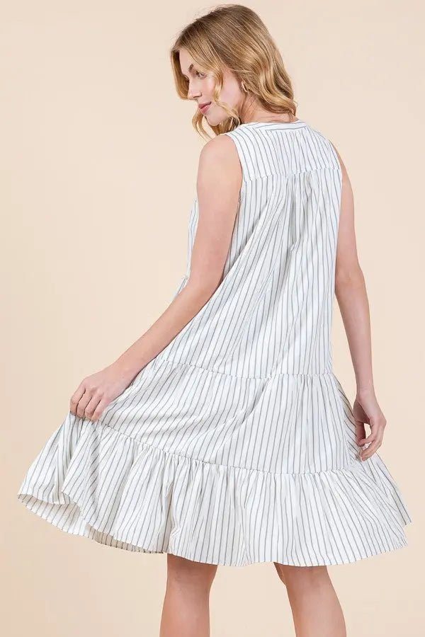 PinkBlush Off White Vertical Striped V Neck Sleeveless Midi Dress - 