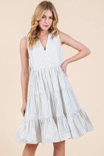 Off White Vertical Striped V Neck Sleeveless Midi Dress - Day Dress, One-piece garment, Person, Dress | Everetts Place