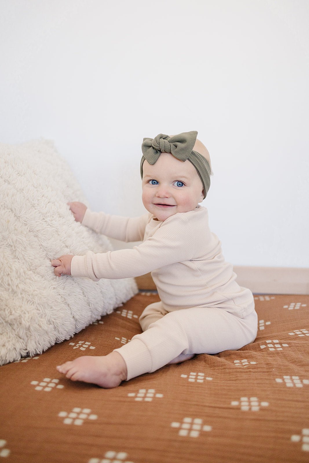 Mebie Baby Olive Bamboo Head Wrap One Size Fits Newborns And Up Soft Neutral Design - 