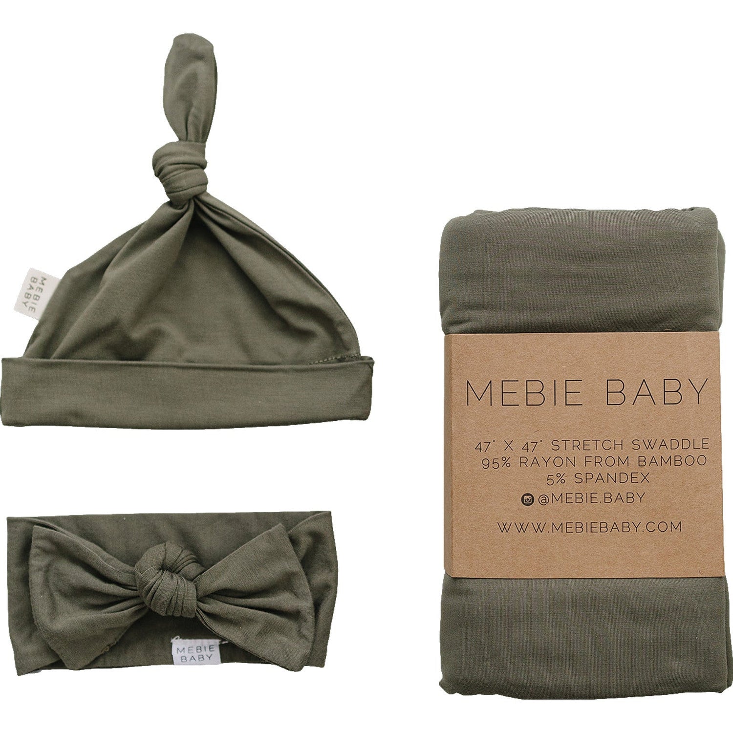 Mebie Baby Olive Bamboo Swaddle Hat and Head Wrap Set for Newborns 0 to 3 Months - 