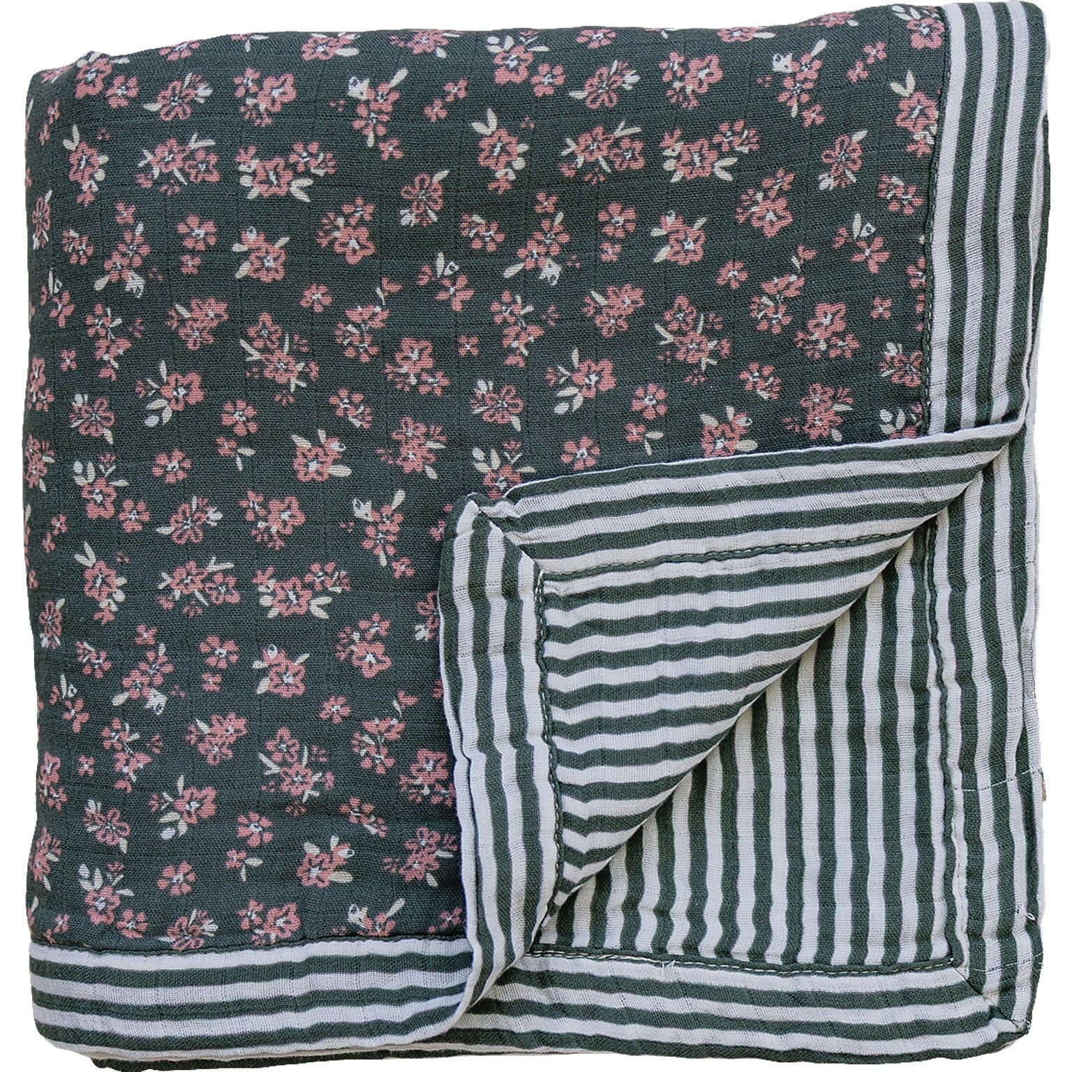 Mebie Baby Olive Bloom + Green Stripes Muslin Quilt - 