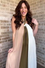 PinkBlush Olive Colorblock Pleated Halter Neck Maternity Maxi Dress