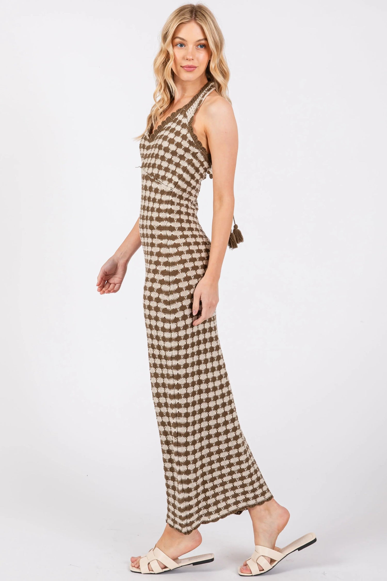 PinkBlush Olive Crochet Knit Ruffle Strap Midi Dress - 
