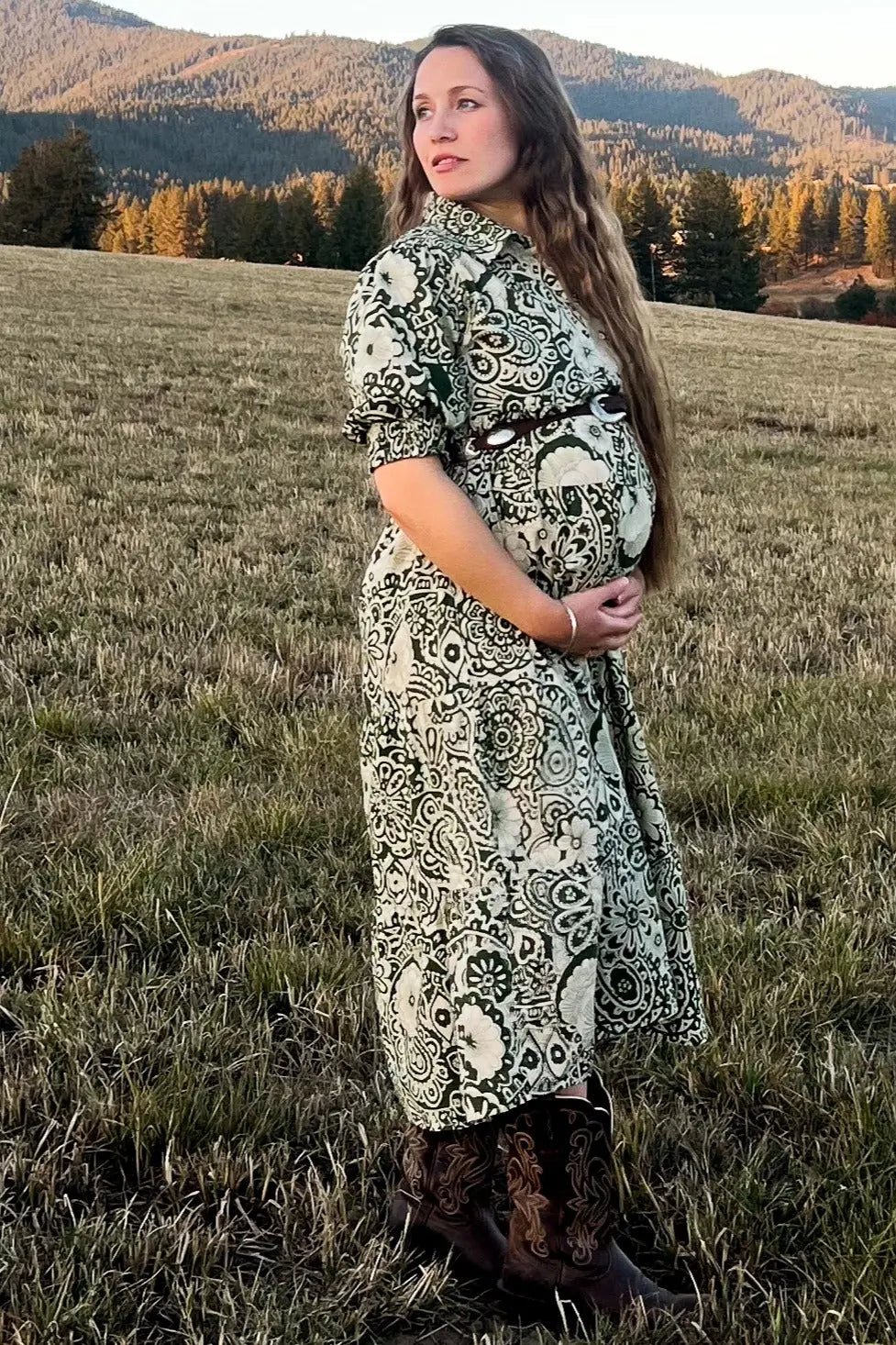 PinkBlush Olive Floral Collared Tiered Maternity Midi Dress - 