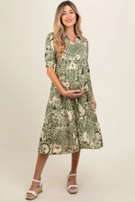 PinkBlush Olive Floral Collared Tiered Maternity Midi Dress - 