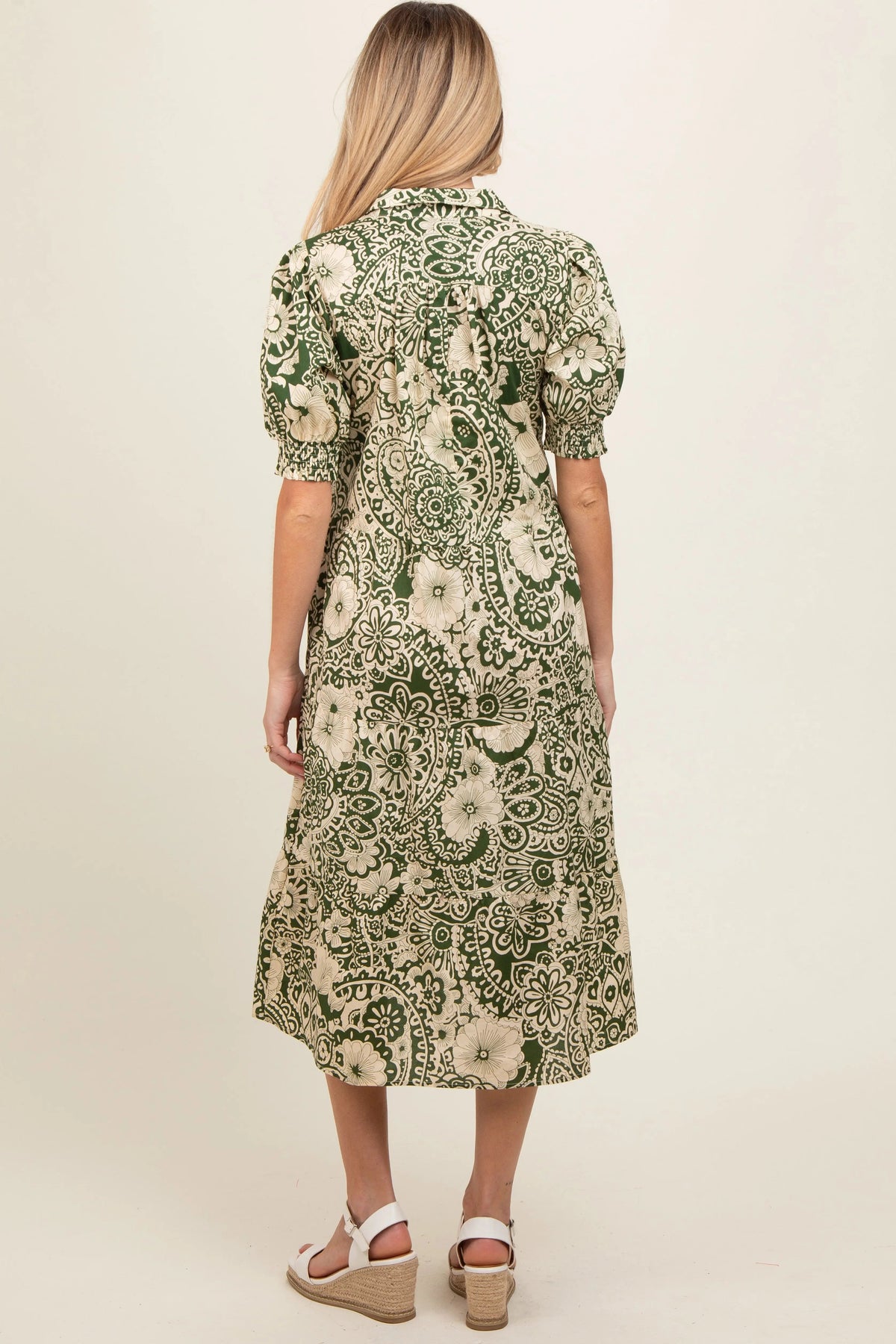 PinkBlush Olive Floral Collared Tiered Maternity Midi Dress - 