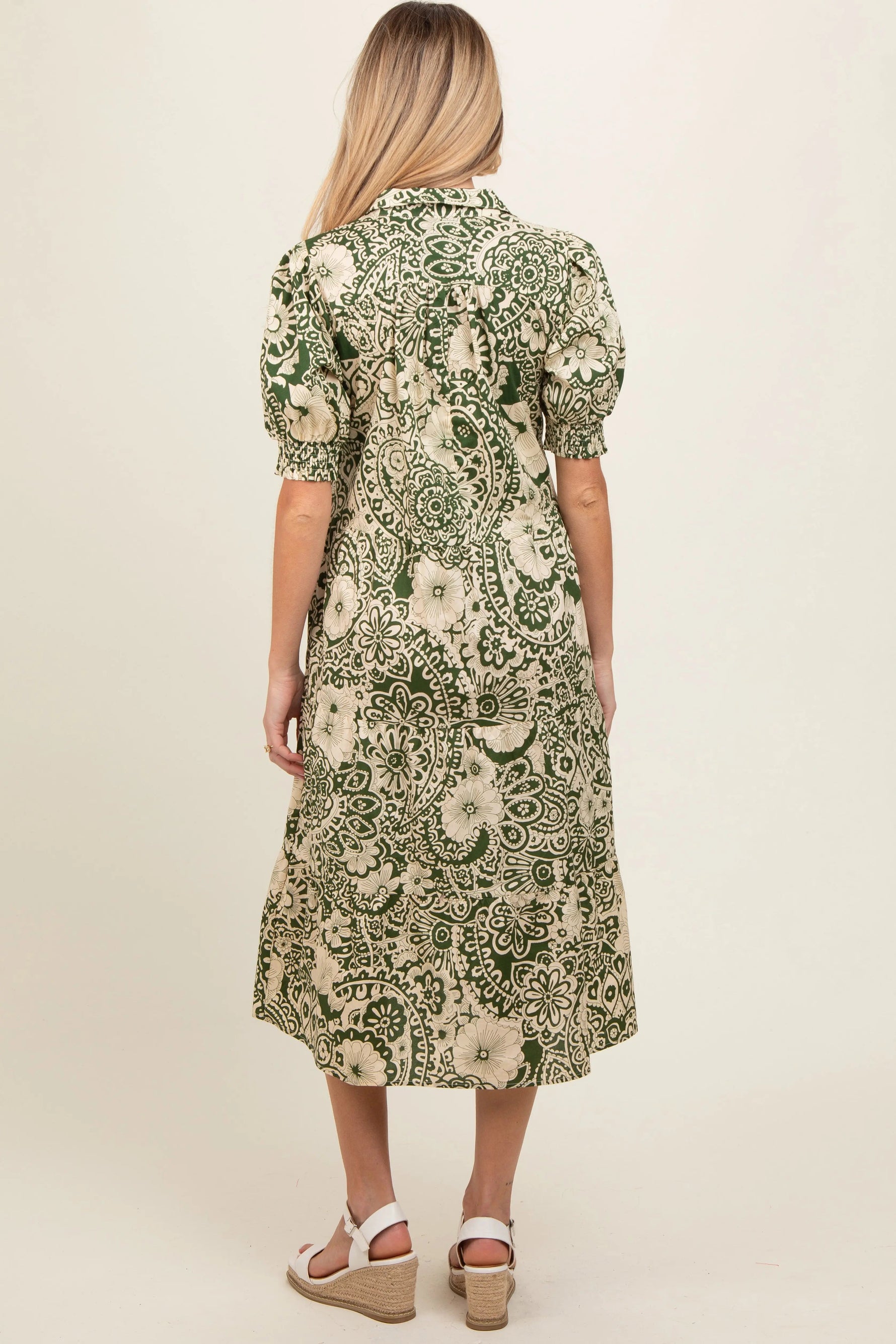 PinkBlush Olive Floral Collared Tiered Maternity Midi Dress - 
