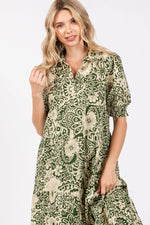 PinkBlush Olive Floral Collared Tiered Midi Dress - 
