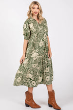 Olive Floral Collared Tiered Midi Dress - Sleeve, Fashion, Collar, Textile, Motif | Everetts Place
