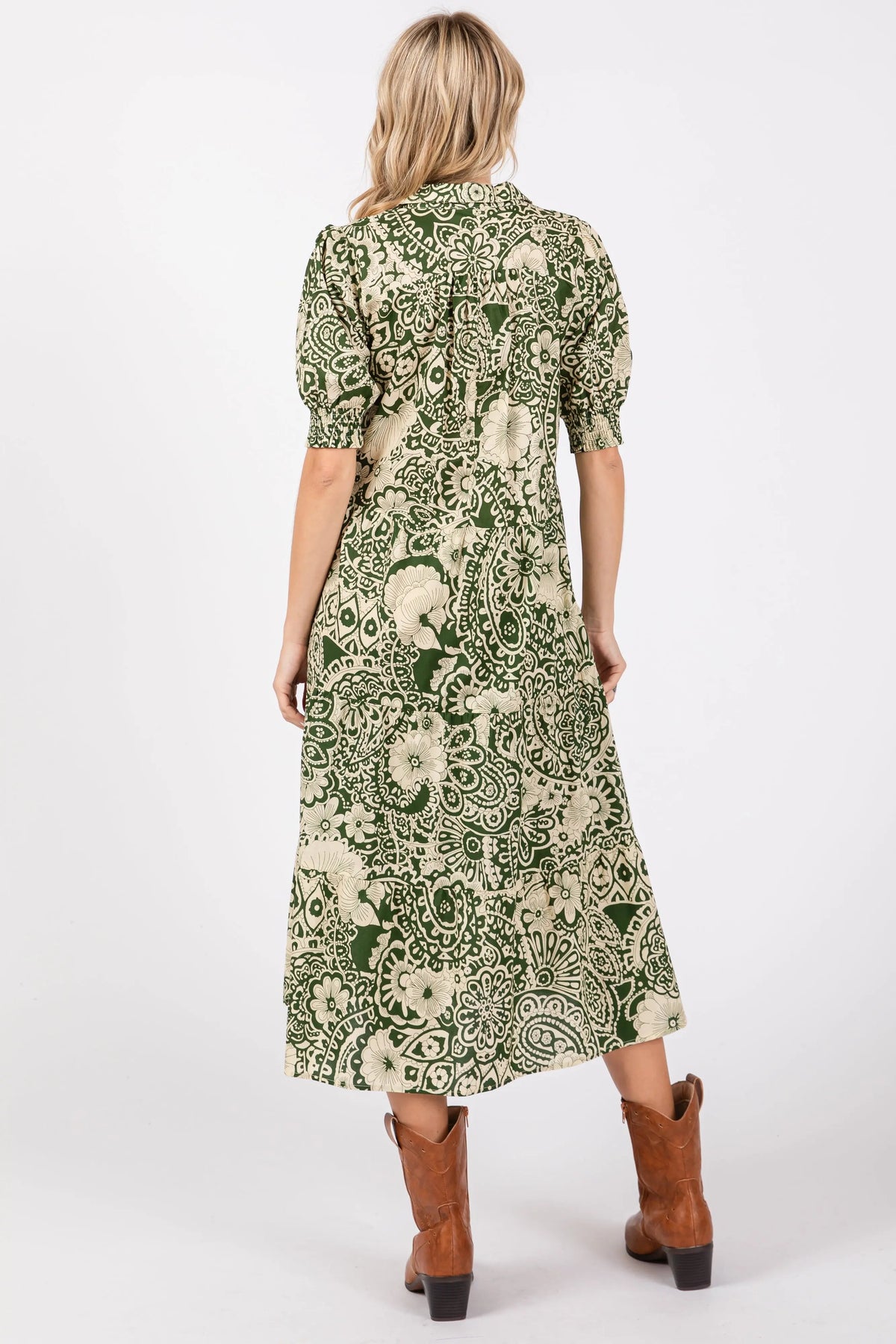PinkBlush Olive Floral Collared Tiered Midi Dress - 