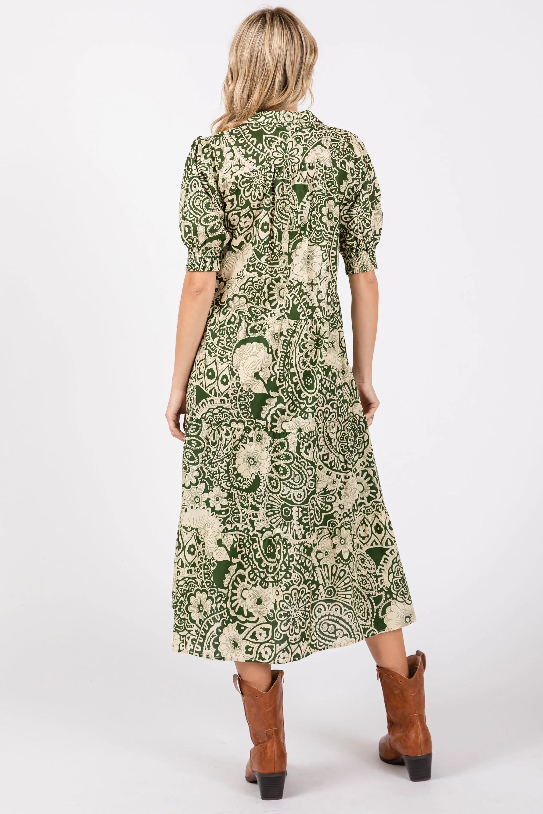 PinkBlush Olive Floral Collared Tiered Midi Dress - 