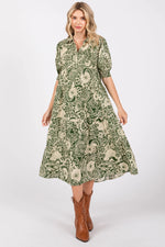 PinkBlush Olive Floral Collared Tiered Midi Dress - 