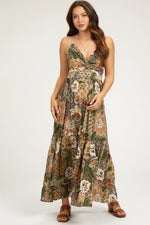 Olive Floral Paisley Front Twist Maternity Maxi Dress - Waist, Day Dress, Fashion Model, One-piece garment, Person | Everetts Place