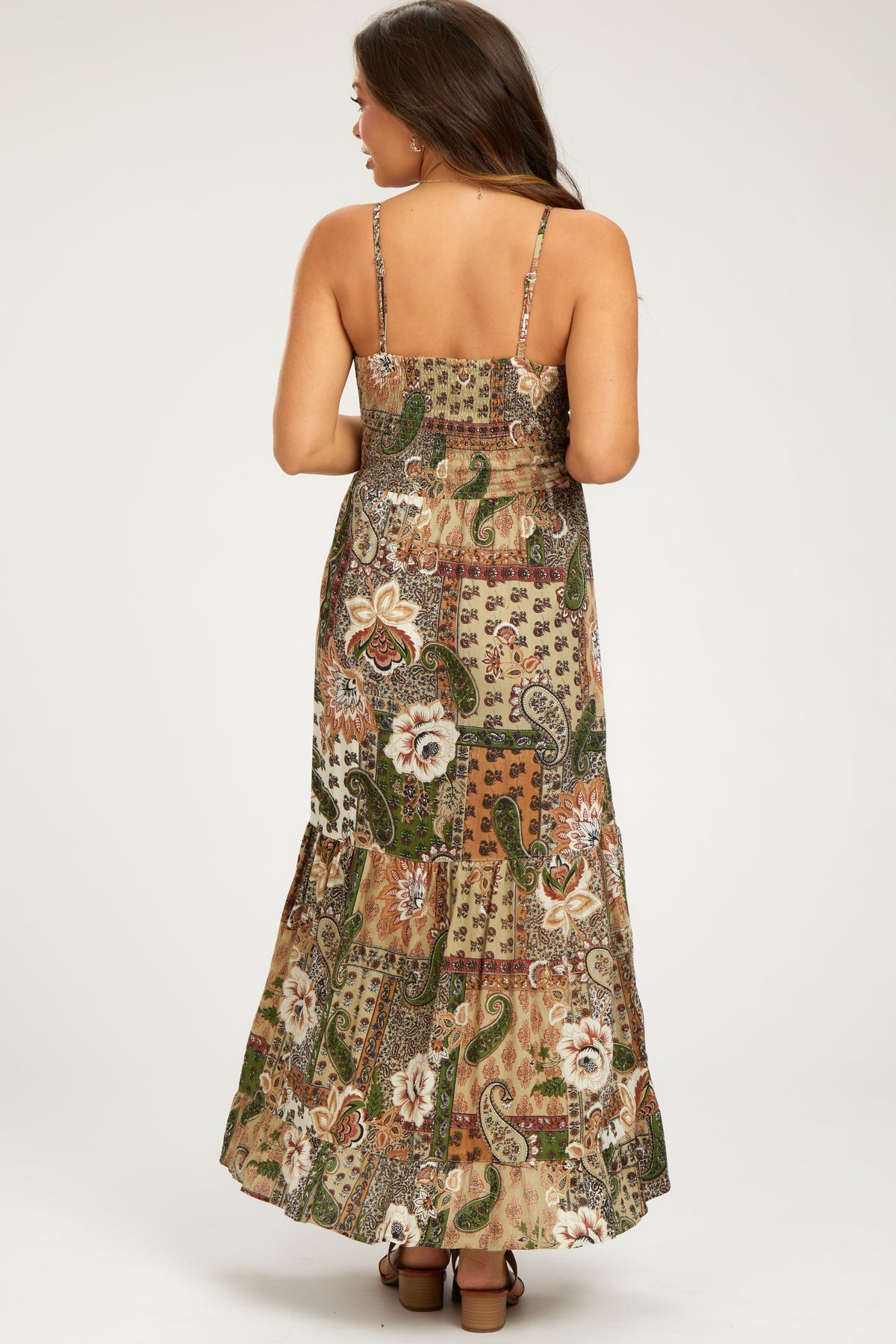 PinkBlush Olive Floral Paisley Front Twist Maternity Maxi Dress