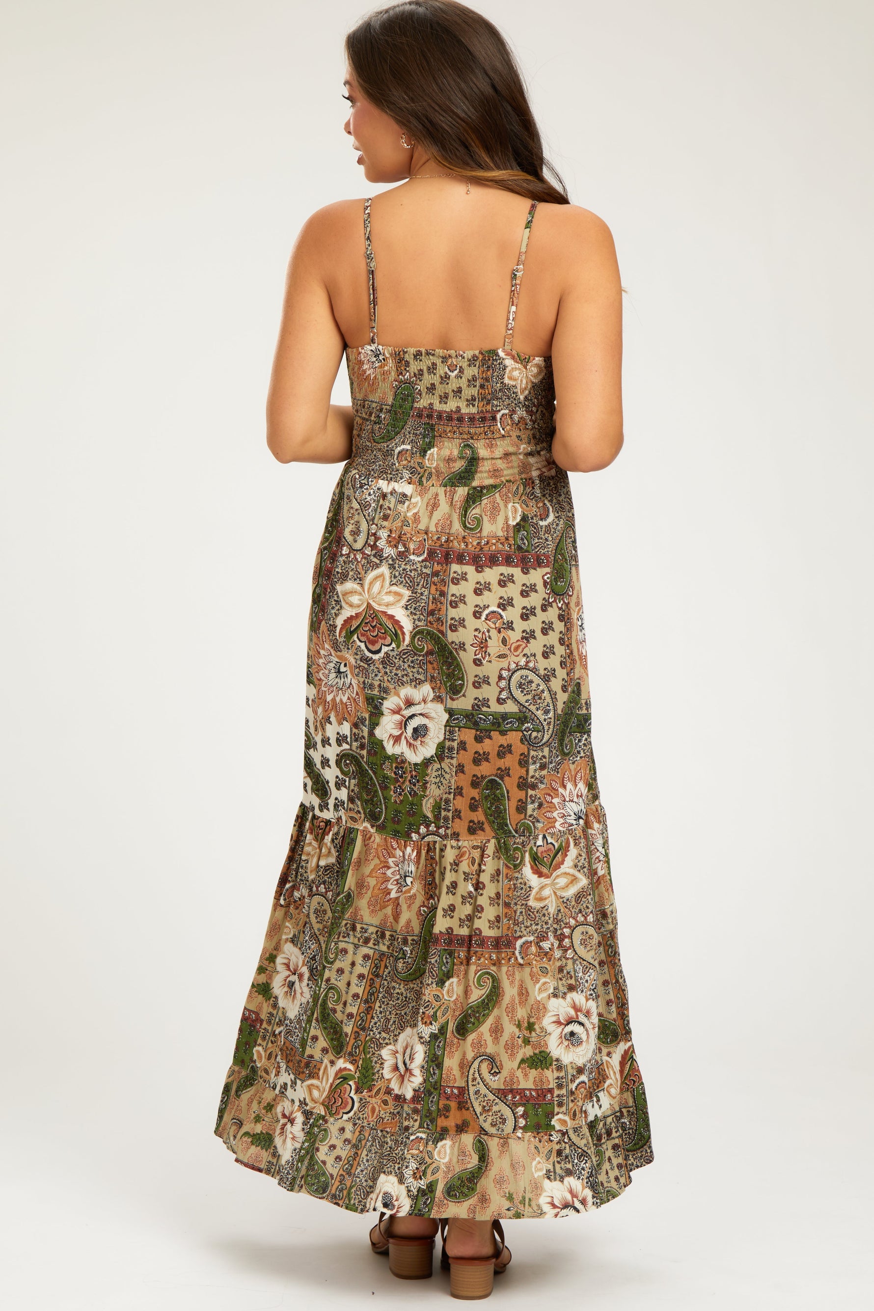 PinkBlush Olive Floral Paisley Front Twist Maternity Maxi Dress