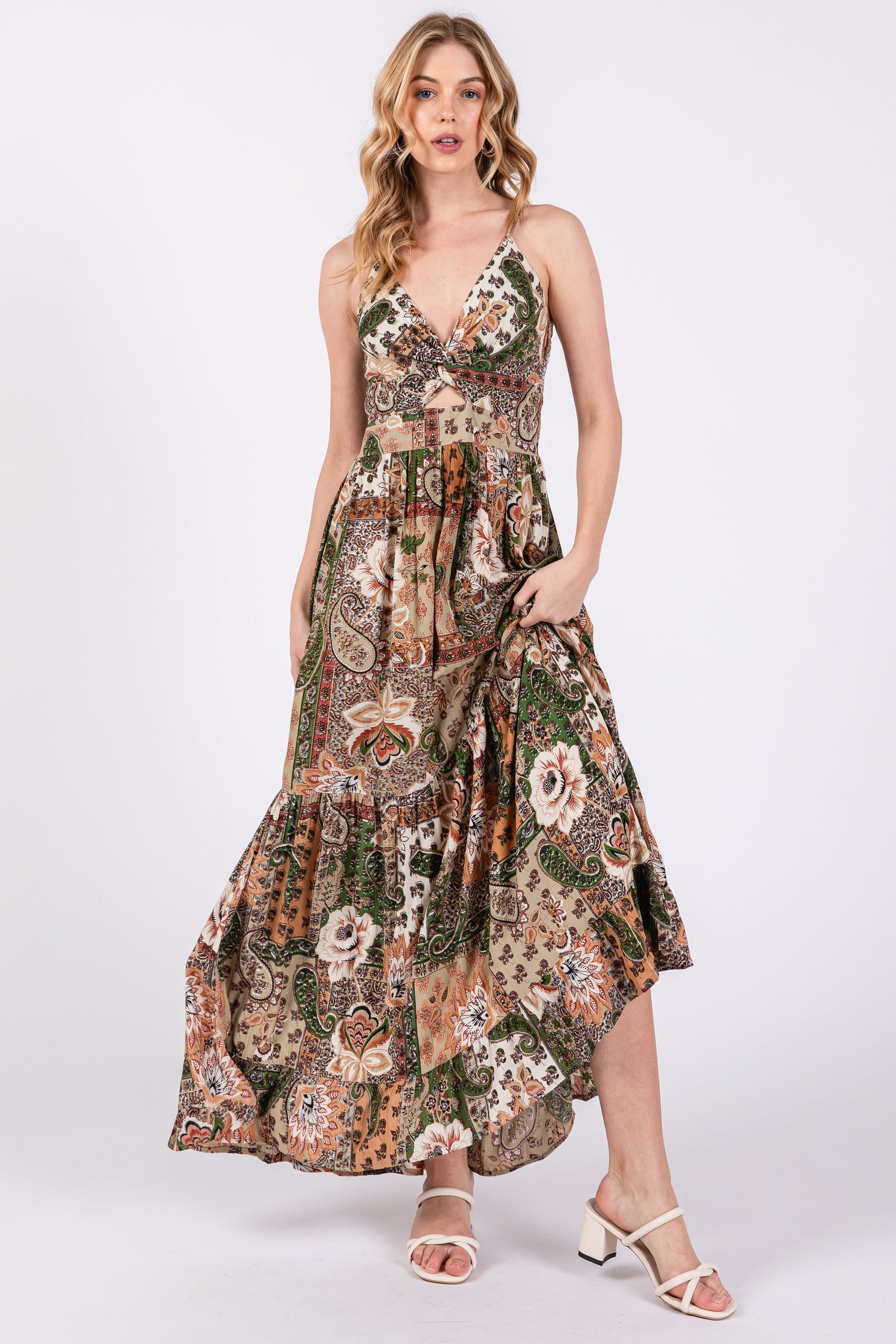 PinkBlush Olive Floral Paisley Front Twist Maternity Maxi Dress