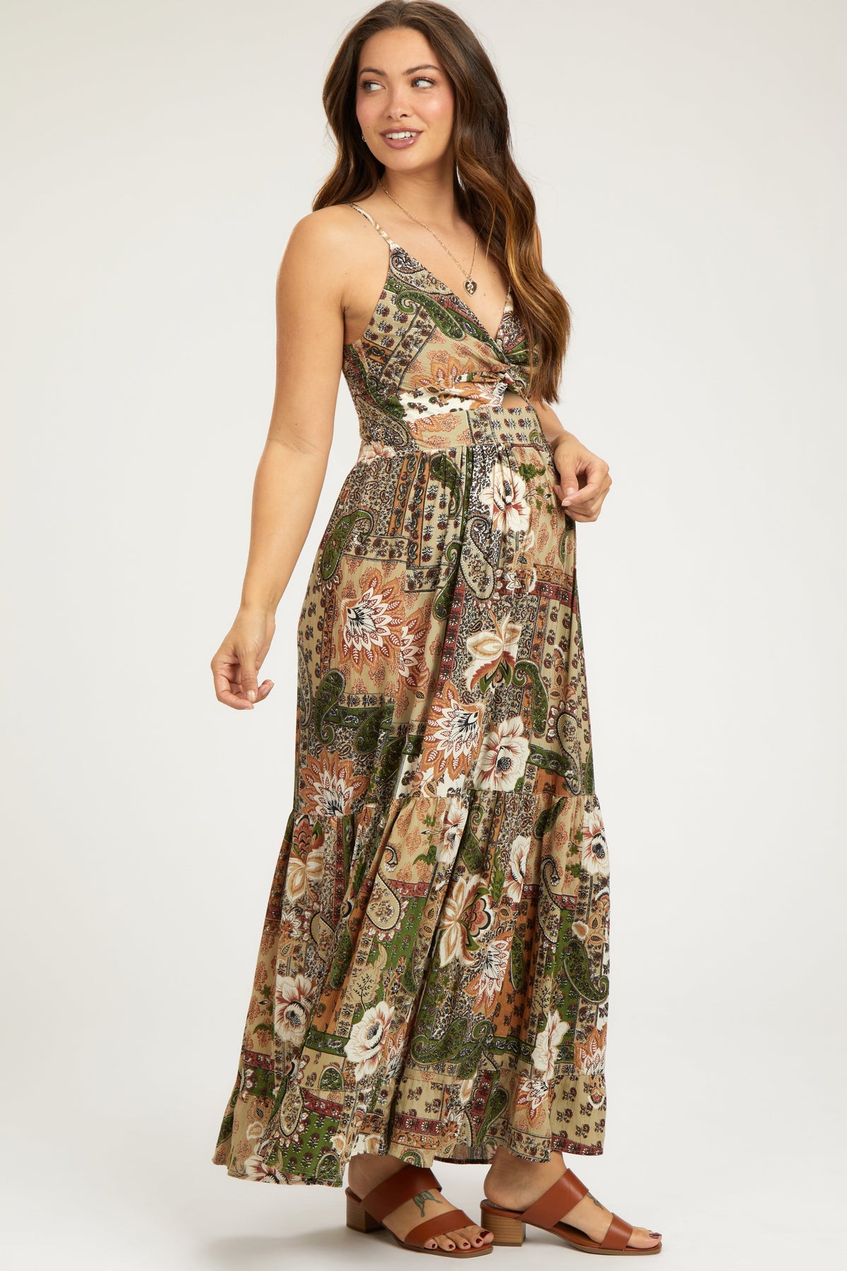 PinkBlush Olive Floral Paisley Front Twist Maternity Maxi Dress