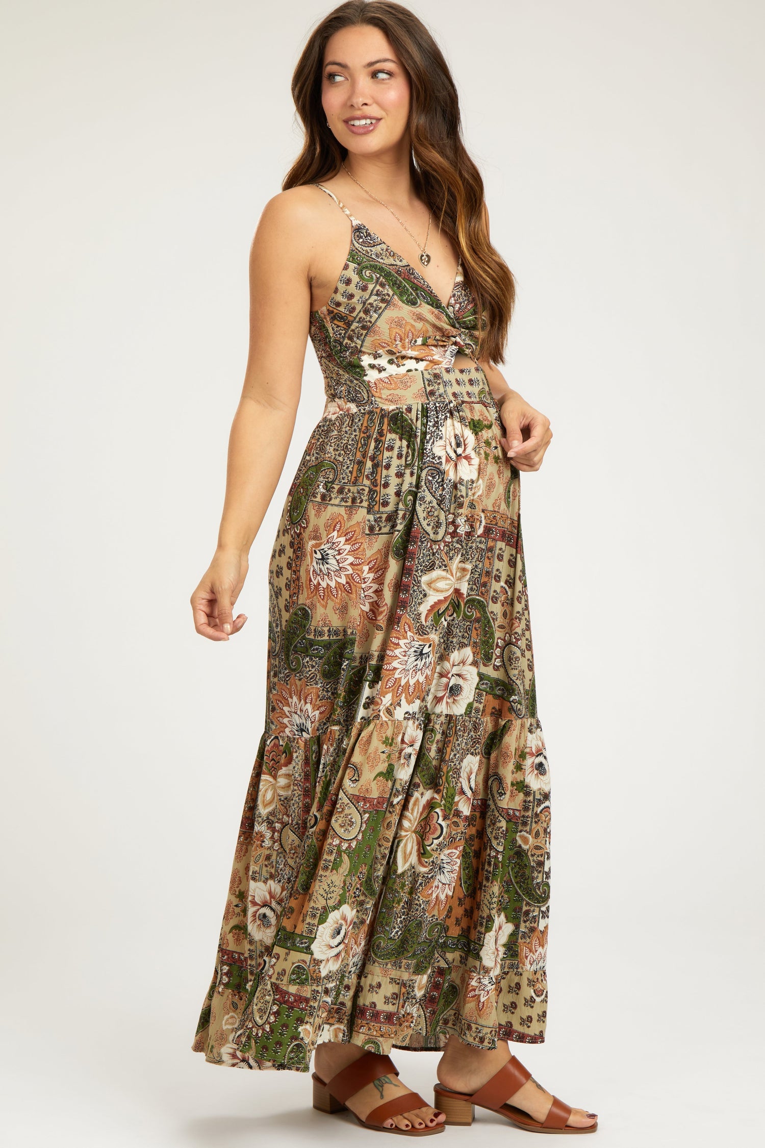 PinkBlush Olive Floral Paisley Front Twist Maternity Maxi Dress