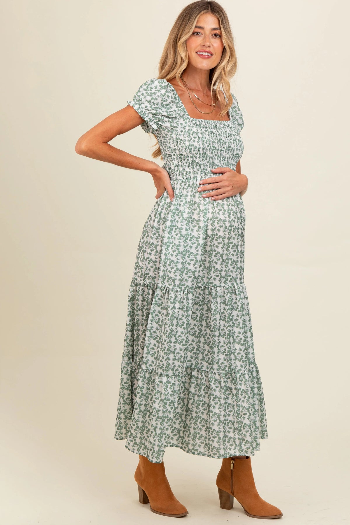 PinkBlush Olive Floral Puff Sleeve Smocked Maternity Maxi Dress - 