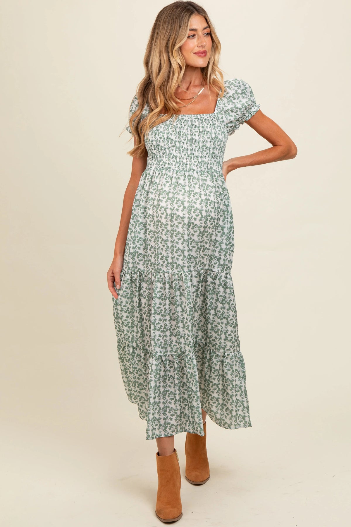 PinkBlush Olive Floral Puff Sleeve Smocked Maternity Maxi Dress - 