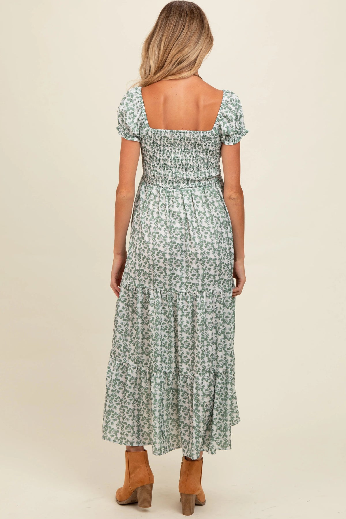 PinkBlush Olive Floral Puff Sleeve Smocked Maternity Maxi Dress - 