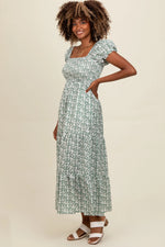 PinkBlush Olive Floral Puff Sleeve Smocked Maxi Dress - 