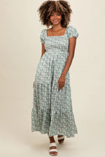 PinkBlush Olive Floral Puff Sleeve Smocked Maxi Dress - 
