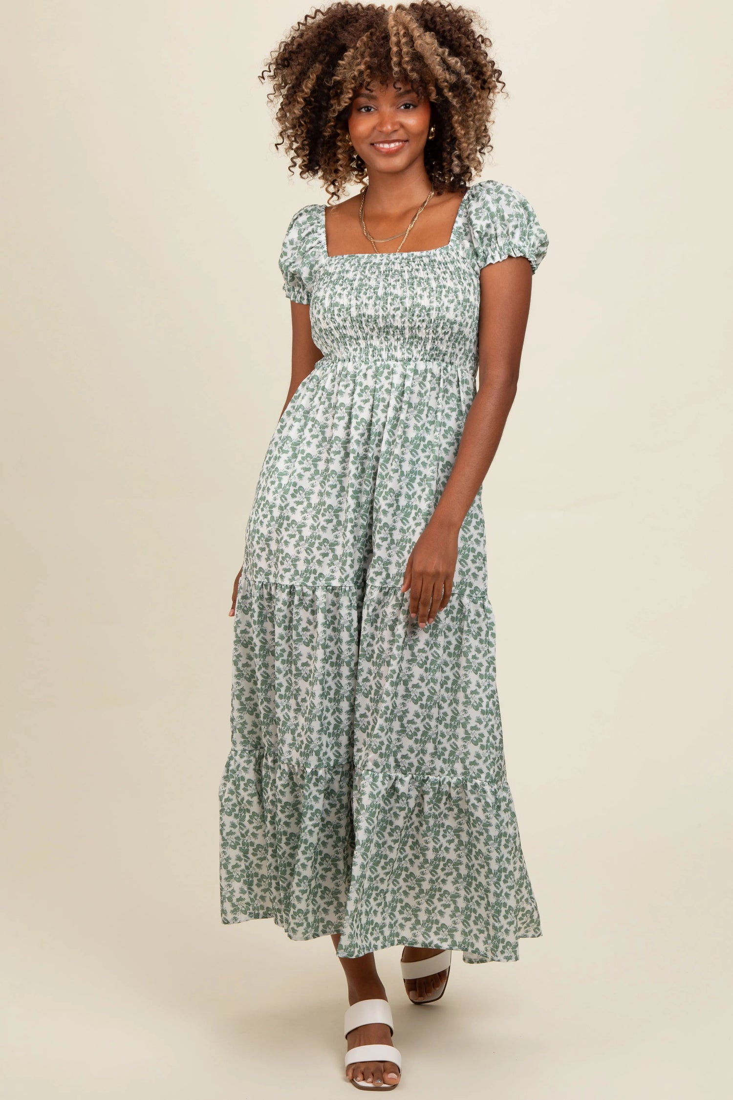 PinkBlush Olive Floral Puff Sleeve Smocked Maxi Dress - 