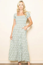 PinkBlush Olive Floral Puff Sleeve Smocked Maxi Dress - 