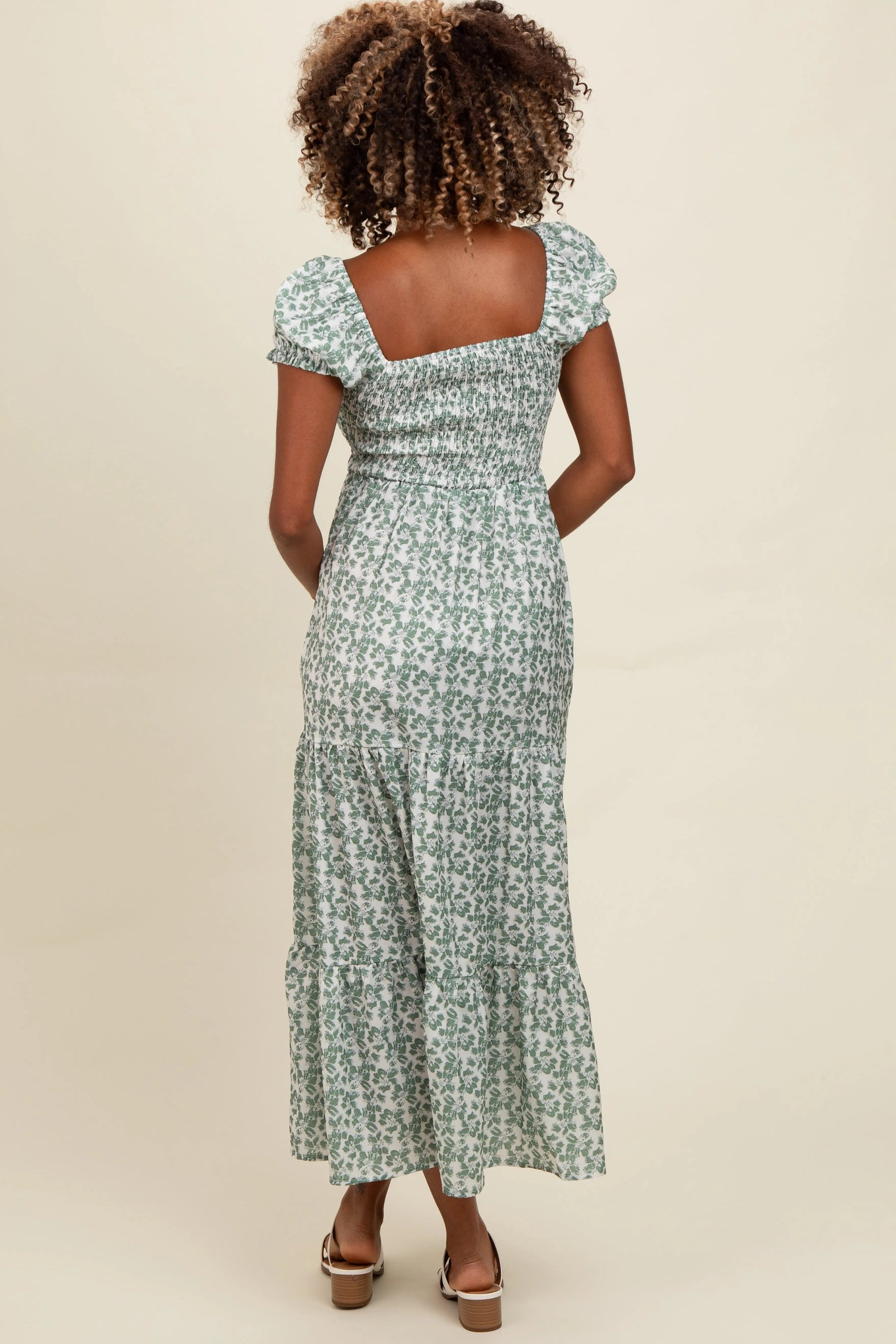 PinkBlush Olive Floral Puff Sleeve Smocked Maxi Dress - 