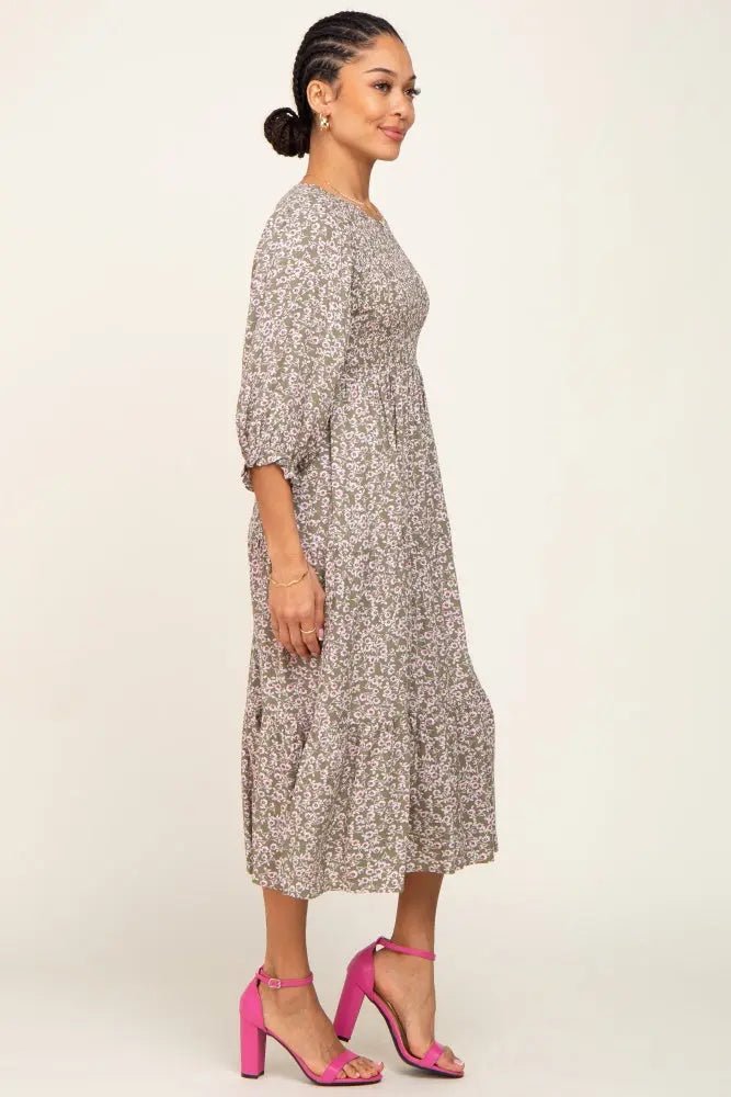 PinkBlush Olive Floral Smocked 3/4 Sleeve Midi Dress - 