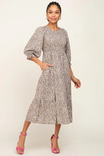 PinkBlush Olive Floral Smocked 3/4 Sleeve Midi Dress - 