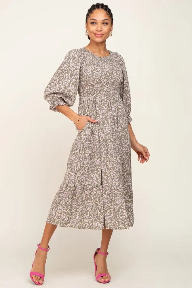 PinkBlush Olive Floral Smocked 3/4 Sleeve Midi Dress - 